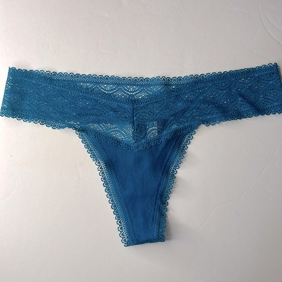 Victoria’s Secret 100% Cotton Teal Lace Waist Ribbed Thong G-String Panties Sz S - Picture 7 of 14
